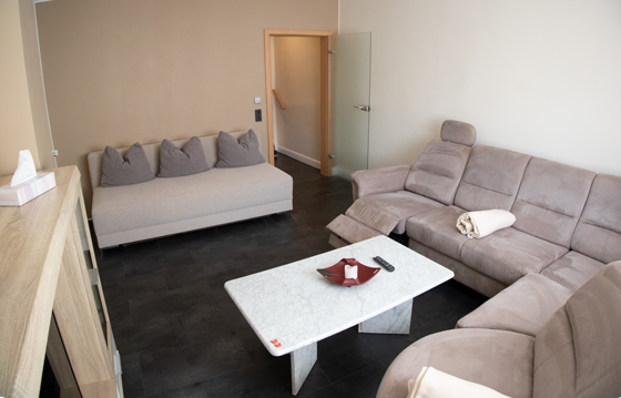 2. Etage Wohnzimmer, LCD-TV 40 Zoll HDMI und USB | Querschläfer Boxspring für 2 weitere Schlafmöglichkeiten - 160 cm x 200 cm